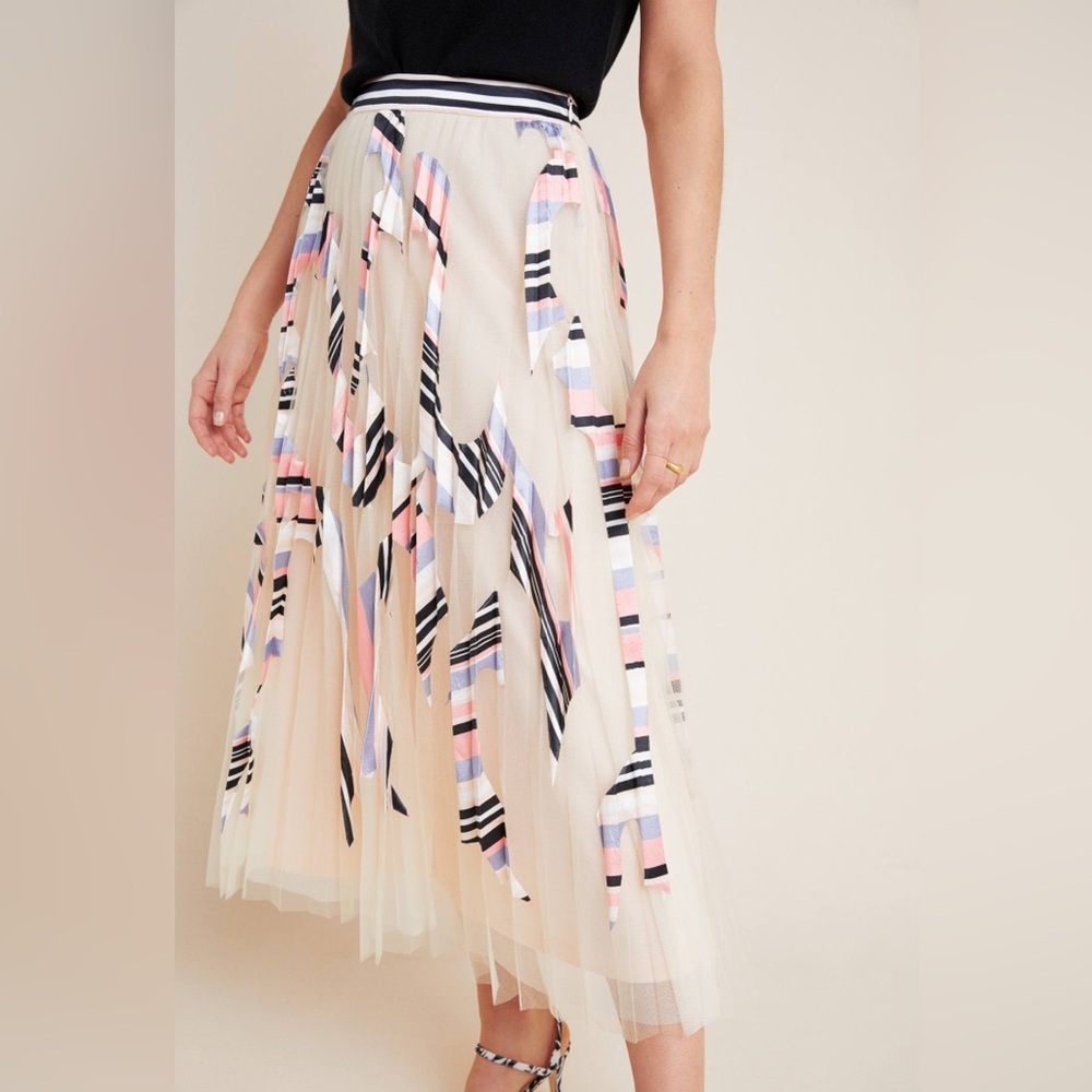 Anthropologie Mae NWT Pleated Tulle Midi Skirt Size Small Light Pink/Multi